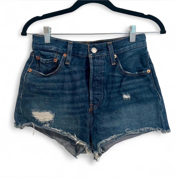 Levi's 501 Medium Wash Blue Jean Shorts Distressed Size 25 - Picture 1 of 6